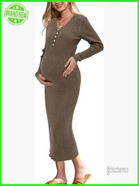 Wool Blend Maternity Bodycon Dress Long Sleeve V-Neck Nursing Access